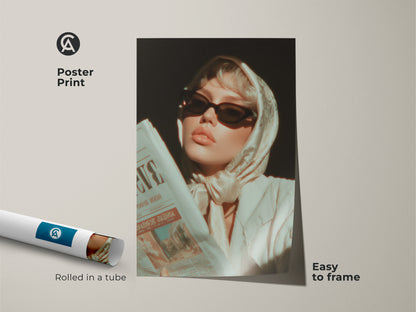 Poster Print of a Woman Reading Newspaper. This retro glamour fashion artwork features cream beige tones. It's an easy-to-frame aesthetic wall decor. Ideal neutral tone art for bedroom and vanity. Rolled in a protective tube.