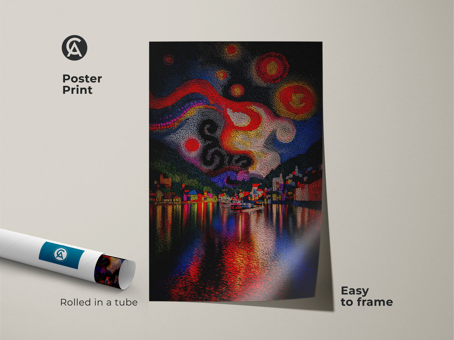 Poster Print is rolled in a tube and easy to frame. The abstract cityscape wall art features a vibrant night sky. The colorful village art print has red yellow and blue abstract decor.