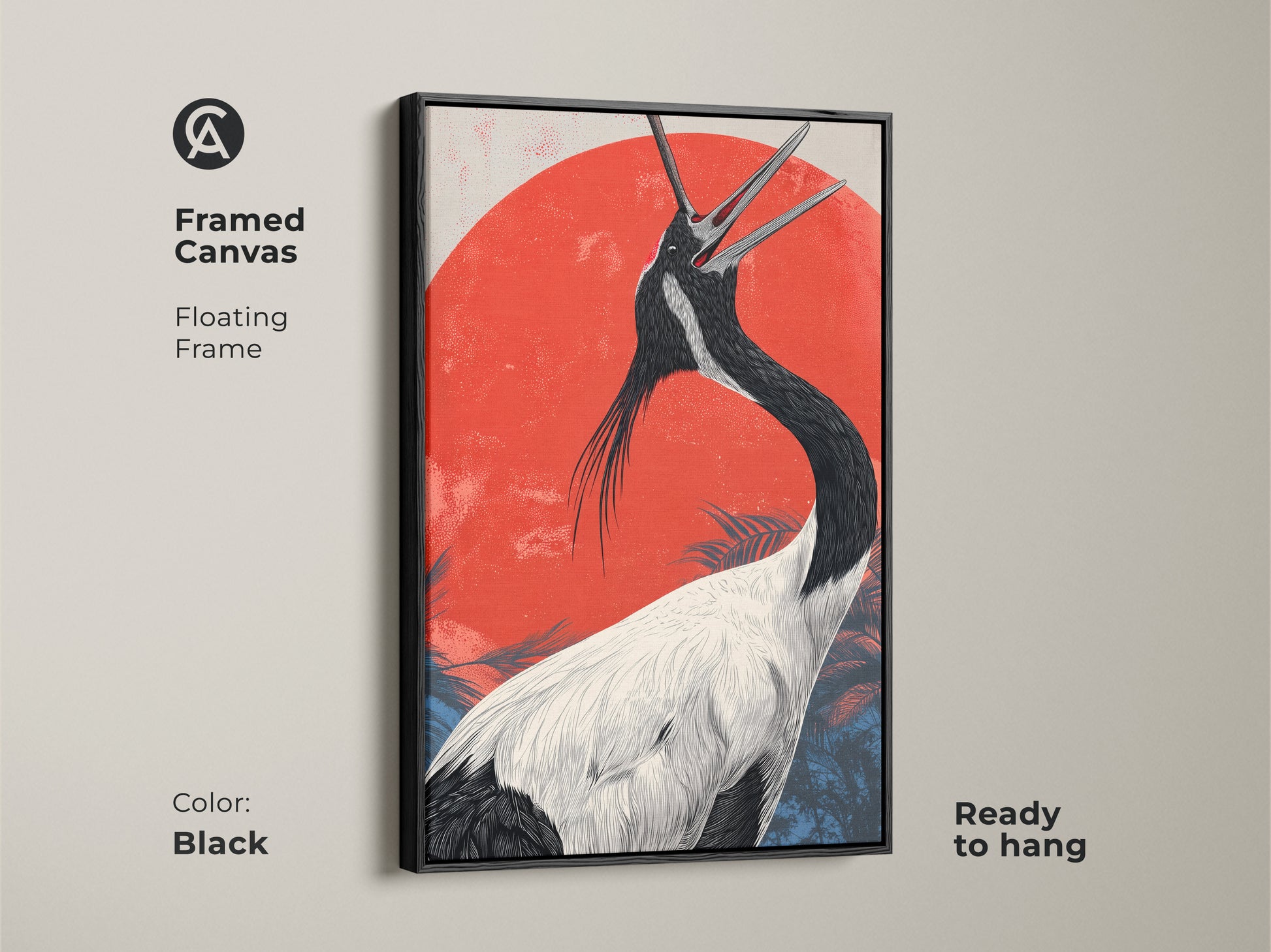 Framed canvas art of a Japanese crane. This piece with a black floating frame is ready to hang. This red sun bird print creates a statement. This Asian wildlife artwork is perfect for eclectic office decor. A bird lover gift that embodies nature.