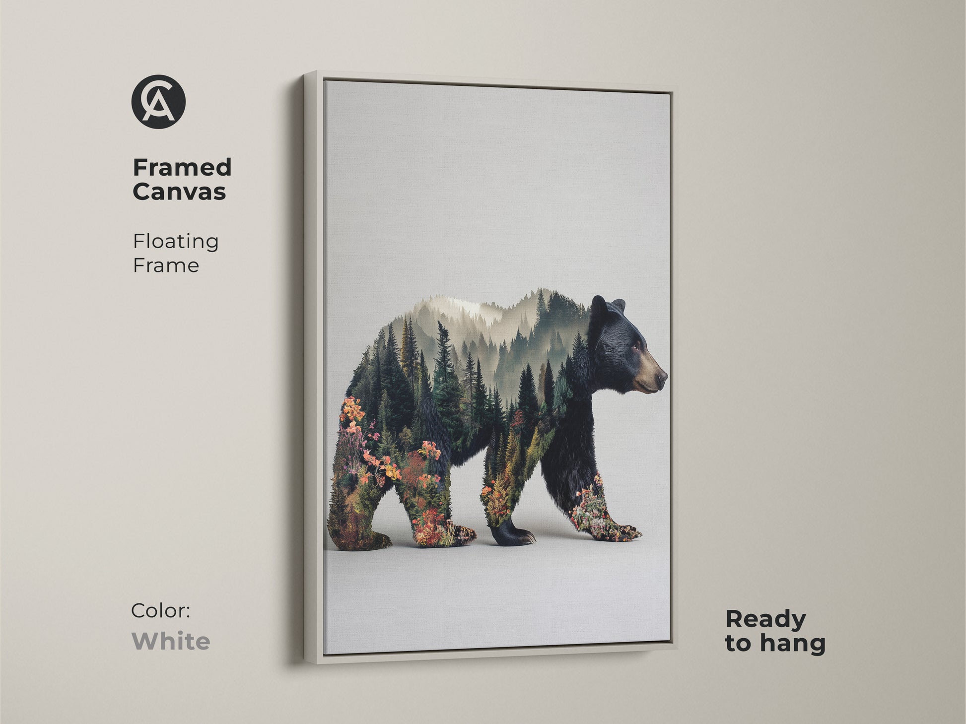 White framed canvas featuring a bear double exposure. Floating frame complements rustic modern animal art. This nature lovers gift idea is ready to hang. The forest landscape canvas print enhances any space. This is perfect for an outdoorsman gift.