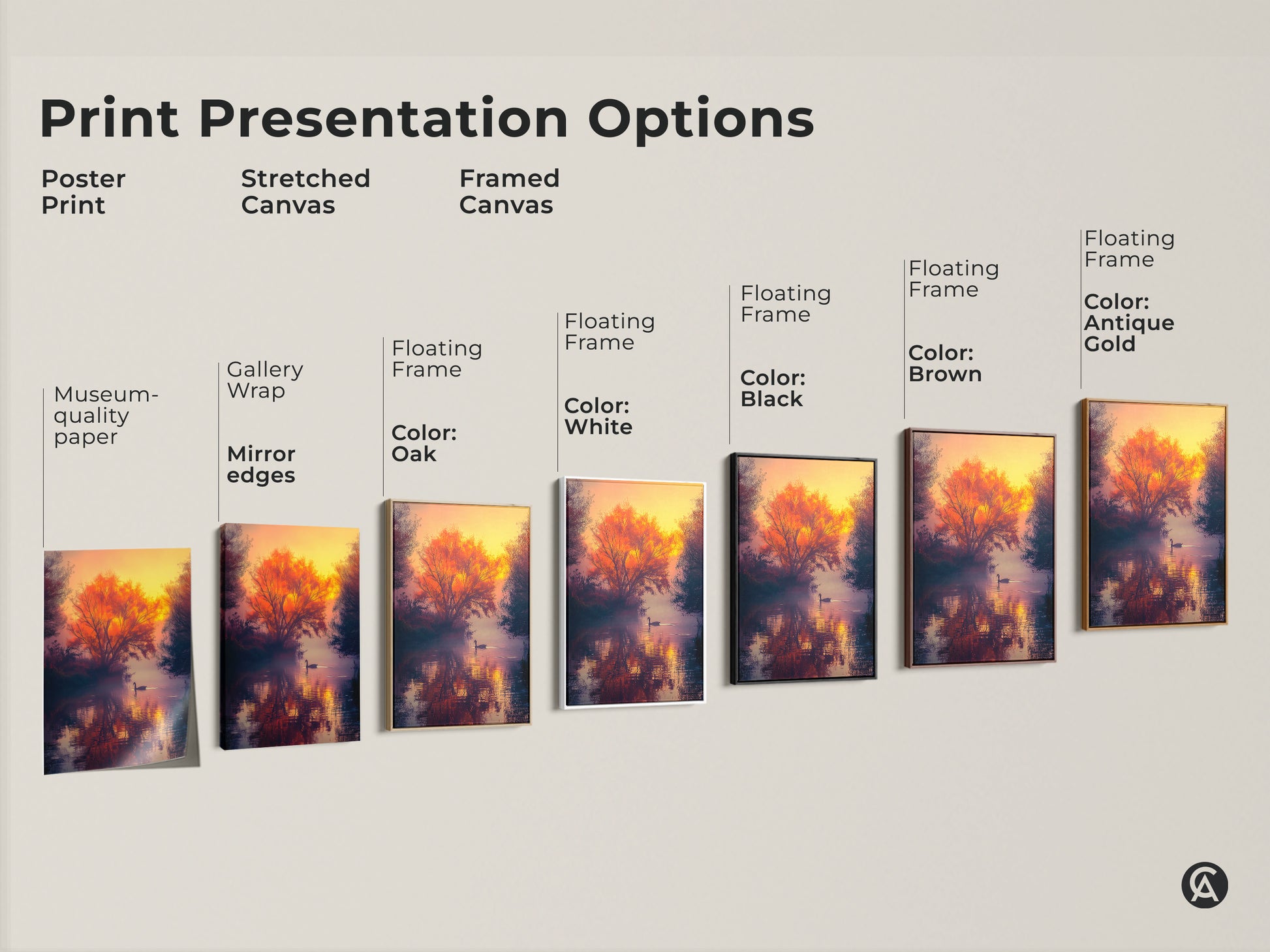 Print presentation options for sunset lake landscape artwork. Poster print stretched canvas and framed canvas options. Floating frame colors include white black brown and antique gold. Find the perfect art.