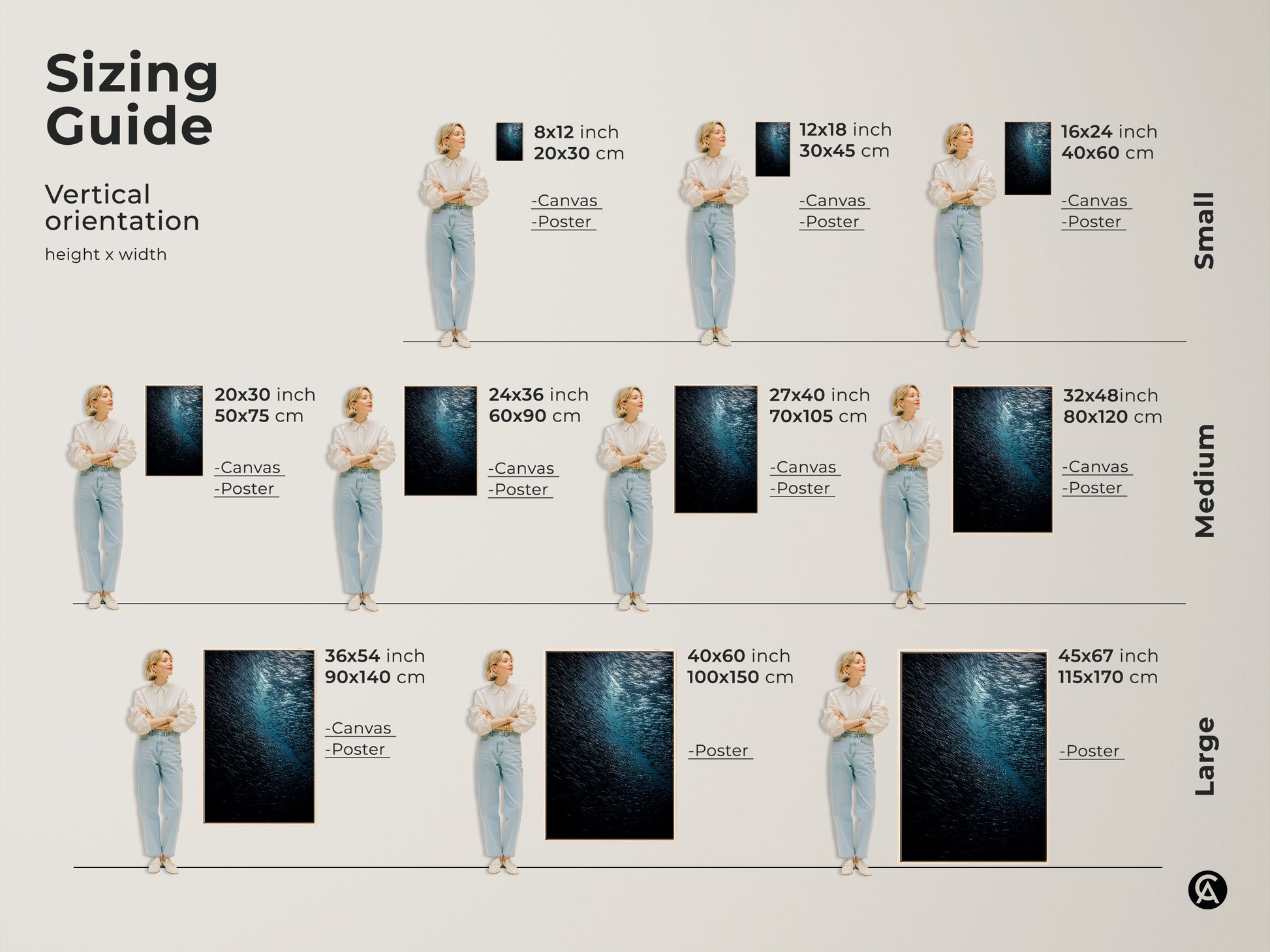 Sizing guide for vertical teal blue ocean canvas and poster prints. Visualize small medium and large sizes. See how the school of fish art fits different spaces. Perfect coastal wall art for any room. Choose the right size for your home.