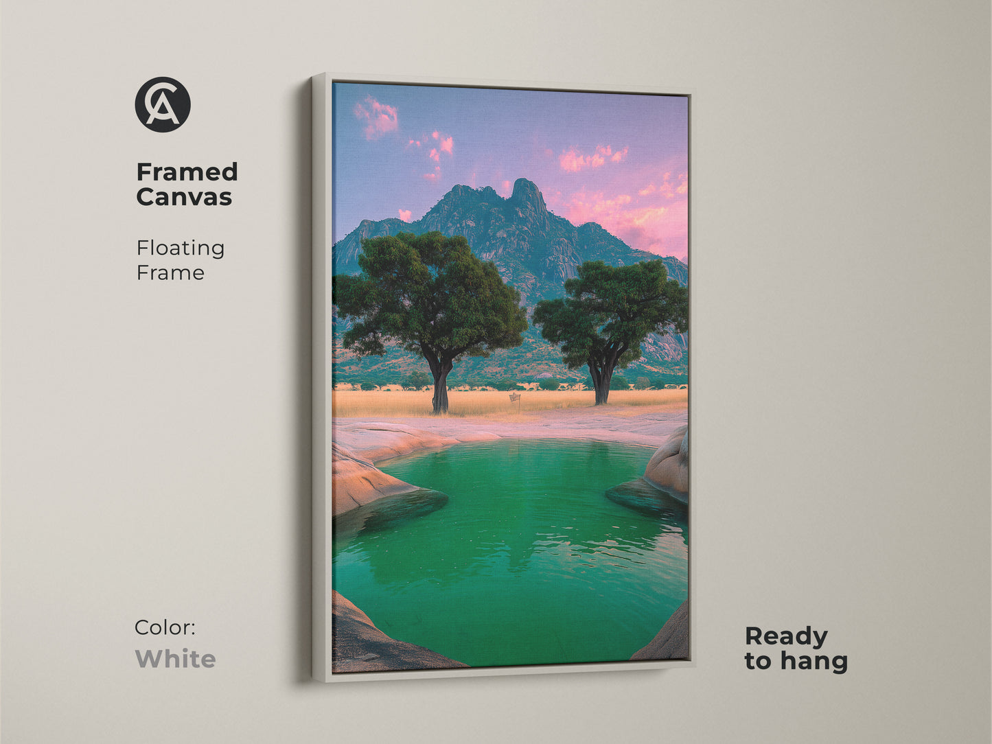 Framed Canvas with a white floating frame. Displaying African Savanna artwork and a mountain landscape print. The green oasis wall art is travel themed for eclectic homes. The safari scene canvas decor is ready to hang.