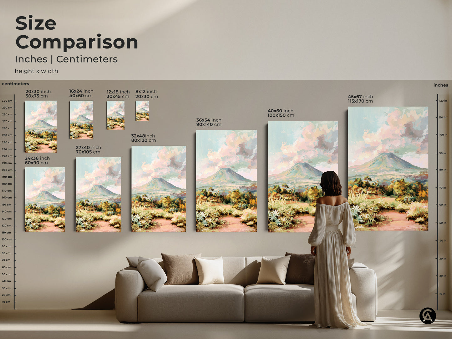 Size comparison for this volcano landscape art. See how the impressionist mountain art fits above a sofa. This teal green artwork enhances living room decor. Available in multiple sizes to suit your space. Choose the perfect nature home decor piece for your eclectic style.