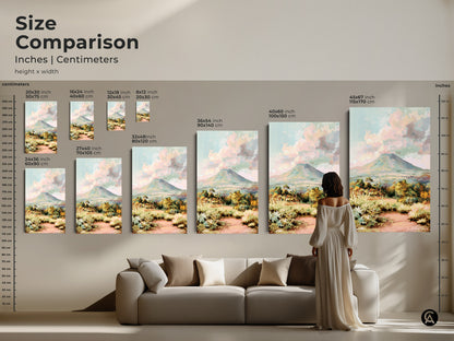 Size comparison for this volcano landscape art. See how the impressionist mountain art fits above a sofa. This teal green artwork enhances living room decor. Available in multiple sizes to suit your space. Choose the perfect nature home decor piece for your eclectic style.