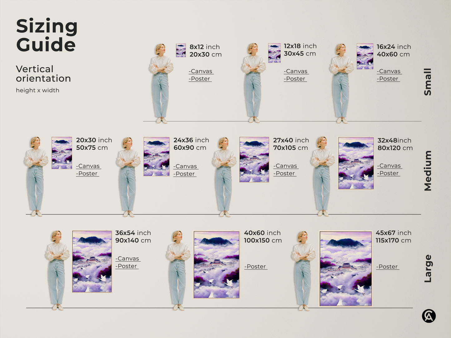 Sizing guide for the Ukiyo-e Japanese Palace canvas art print. Sizes range from small to large. Dimensions are shown in inches and centimeters. This flying cranes artwork fits various spaces. Select the ideal violet indigo fantasy landscape for your wall.