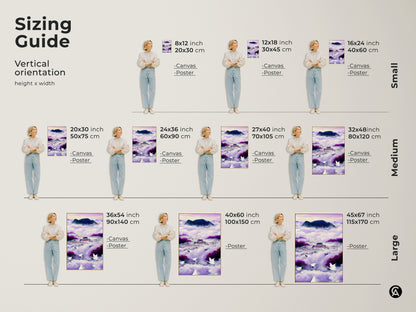 Sizing guide for the Ukiyo-e Japanese Palace canvas art print. Sizes range from small to large. Dimensions are shown in inches and centimeters. This flying cranes artwork fits various spaces. Select the ideal violet indigo fantasy landscape for your wall.