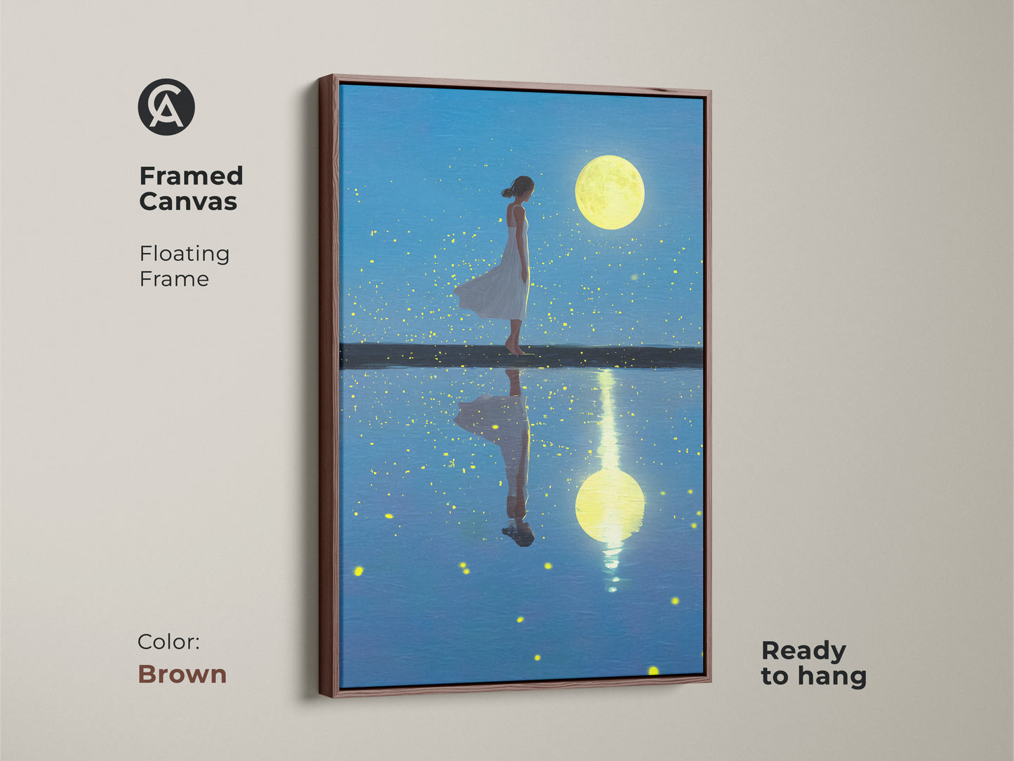This framed canvas shows an ethereal artwork. The floating frame is in a warm brown tone. A woman is depicted under a luminous moon. This surreal art is ready to hang and enhances any boho inspired space.