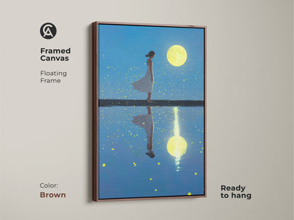 This framed canvas shows an ethereal artwork. The floating frame is in a warm brown tone. A woman is depicted under a luminous moon. This surreal art is ready to hang and enhances any boho inspired space.
