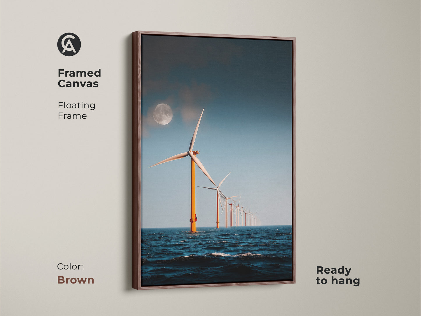 Brown Framed Canvas of Moonlit Ocean Wind Turbine artwork. Showcasing offshore wind turbines under a moonlit sky this modern minimalist seascape art is ready to hang. An ideal eco home gift that brings a unique industrial landscape to contemporary spaces.