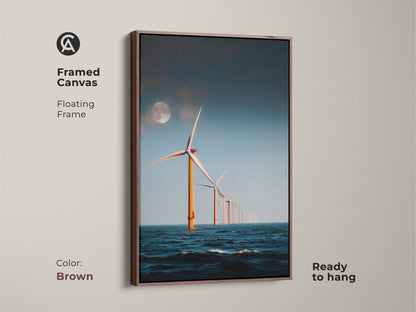 Brown Framed Canvas of Moonlit Ocean Wind Turbine artwork. Showcasing offshore wind turbines under a moonlit sky this modern minimalist seascape art is ready to hang. An ideal eco home gift that brings a unique industrial landscape to contemporary spaces.