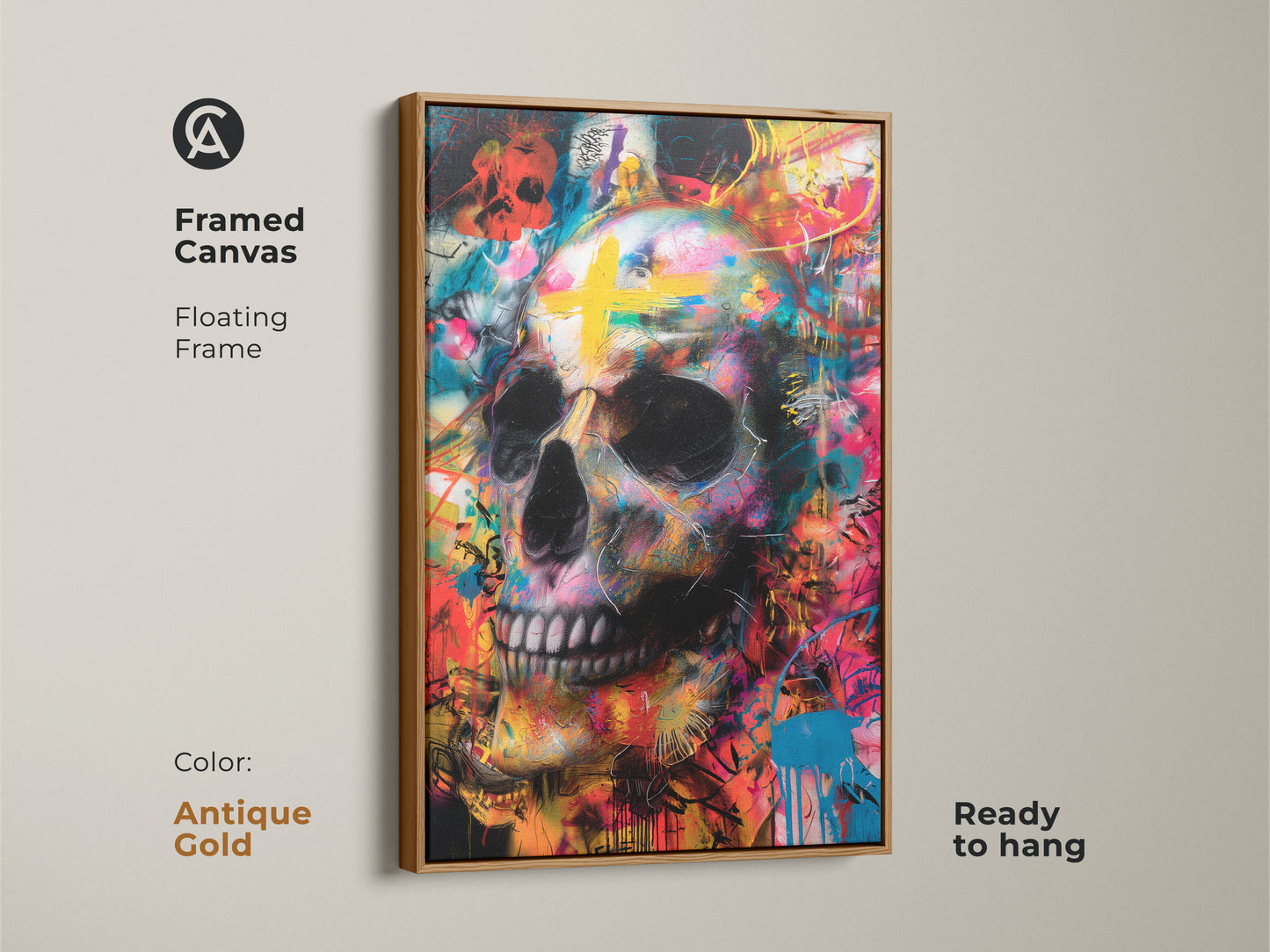 Antique gold framed canvas art featuring a skull. The floating frame enhances the artwork's appeal. This colorful skull painting is ready to hang. Elevate your decor with this unique piece.