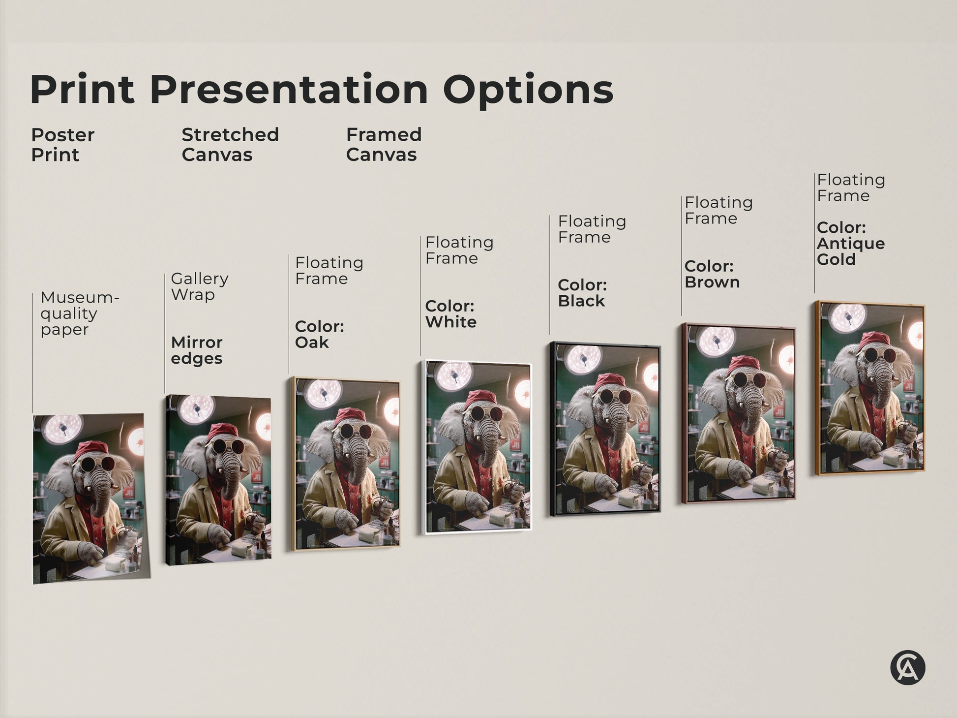 Print presentation options for surreal elephant doctor art. It shows poster prints stretched canvas and framed canvas choices. Each features the animal doctor canvas print which is funny medical office decor. The art includes surgical tools a gift for doctors or surgeons.