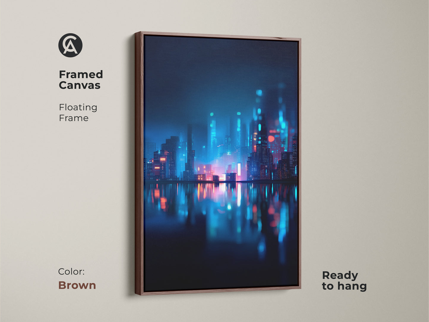 Framed canvas art with a floating frame in brown. Features a neon cityscape reflecting on water. Ready to hang this artwork adds warmth and style. Ideal for enhancing your home decor.