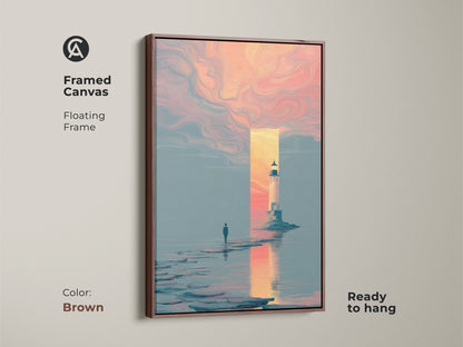 The framed canvas features surreal artwork in a brown floating frame. The soft pink orange and blue hues create an abstract ocean view. A lone man gazes towards a glowing lighthouse. This contemporary artwork enhances any home decor. It's ready to hang and enjoy.