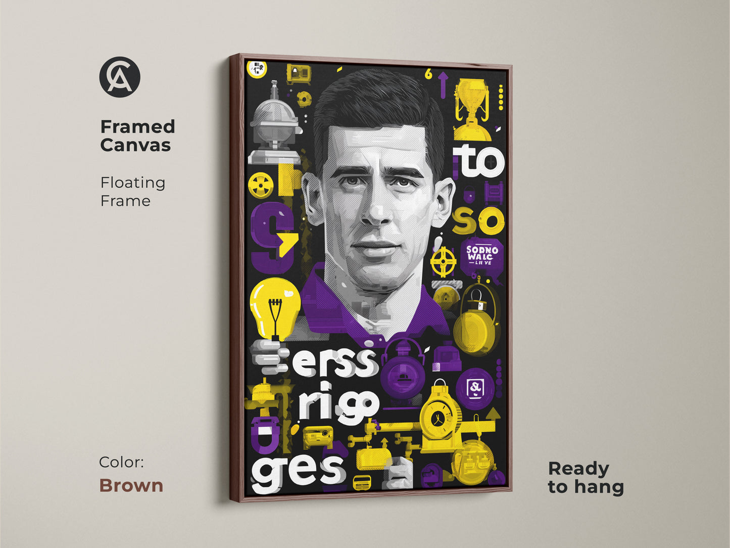 The modern office wall art is a framed canvas. It features a floating frame. It is a purple and yellow man portrait. Inspirational gift art for office. Brown frame with a contemporary man portrait.