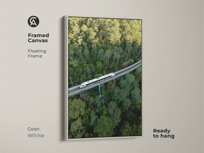 Framed canvas art presents an aerial train scene. A floating frame in white surrounds this green forest canvas. This modern transportation print is ready to hang. The nature landscape print provides unique wall decor. This train crossing forest artwork is captivating.