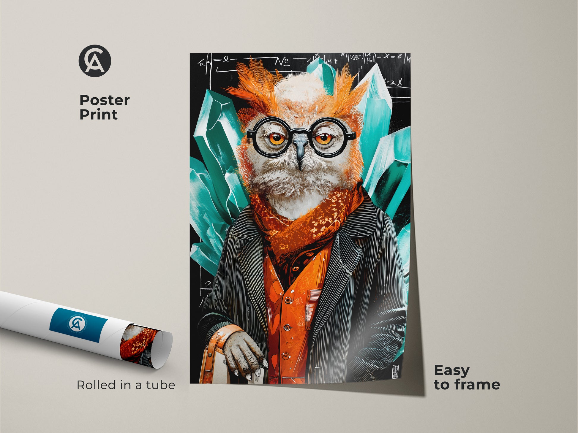 Poster print features a surrealist professor owl. The art is rolled in a tube and easy to frame. The crystal abstract wall art is perfect for a professor's office. The emerald green contrasts with orange and black tones. This unique artwork adds character to any study room wall decor. A smart owl painting indeed.