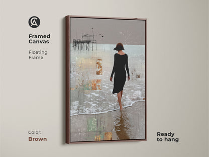 The framed canvas features a floating frame in brown. The minimalist style woman walking artwork is ready to hang. This abstract beach canvas is a beige toned artwork. It adds a modern figurative art touch to any room as subtle abstract art.