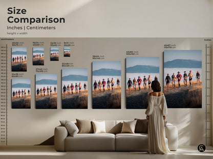 Size comparison of adventure photography canvas prints in a living room setting. See how different sizes of trail running art enhance your decor. Envision mountain landscapes and runner artwork in various dimensions. Perfect rustic wall decor for any home.