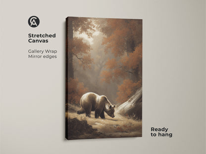Stretched canvas print of a bear in an autumn forest. Gallery wrapped with mirrored edges for a seamless look. Ready to hang wildlife nature wall decor. Sepia tones evoke a rustic feel. The perfect animal art for bedroom.