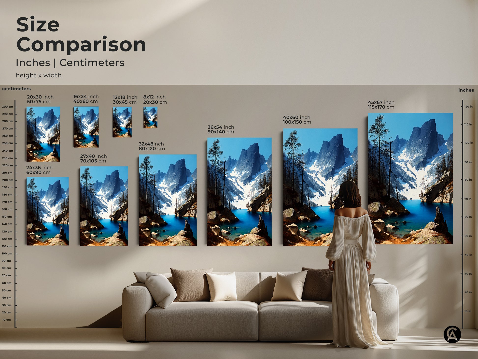 Size comparison of rustic mountain lake art prints in inches and centimeters. See how different sizes of this deep blue pine forest canvas art look in a room. Choose the ideal size for your scenic nature print adding beauty to your home decor.