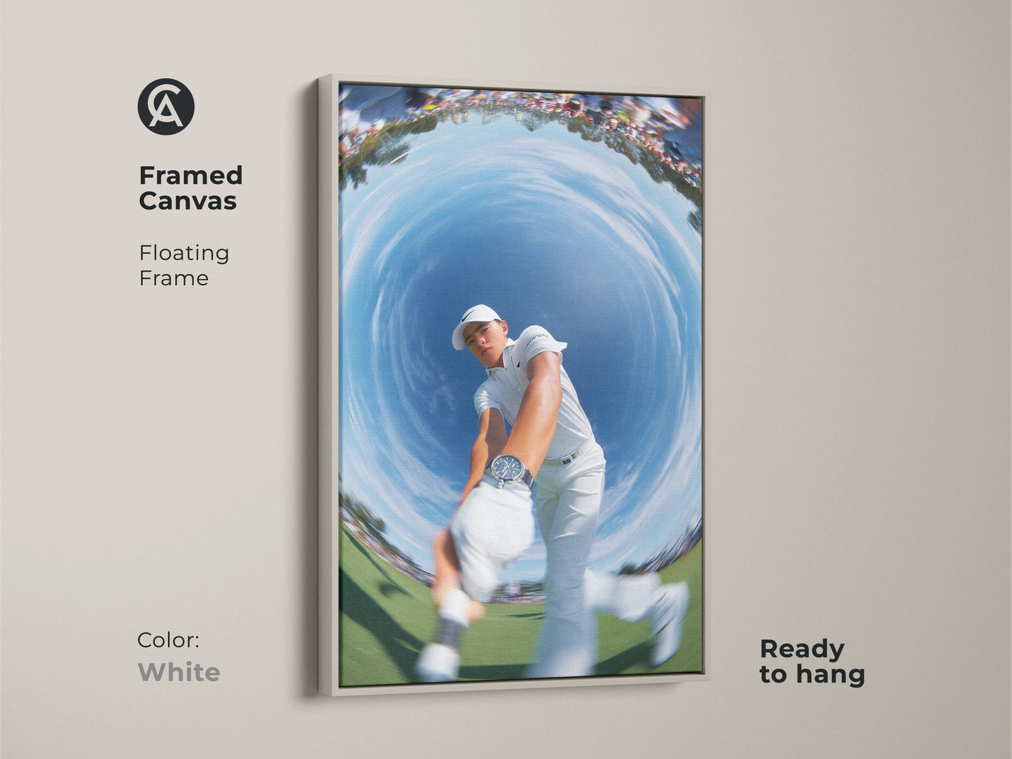 A framed canvas artwork presenting a golfer swinging in a fisheye effect. The white frame offers a clean modern look. It is ready to hang in any space. A stylish art piece for golf lovers. Enhance your home with this artwork.