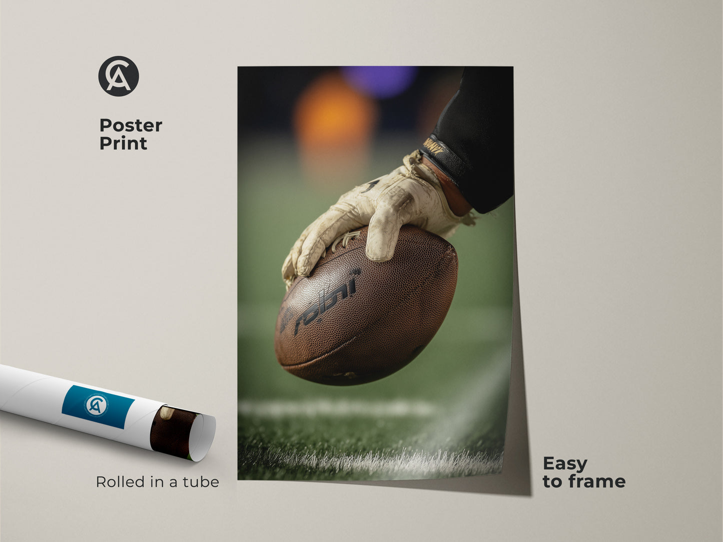 This poster print features a close-up of a football player's hand gripping the ball. Easy to frame sports art adds action to any space. Rolled in a tube this NFL fan gift idea makes decorating simple. Add this sports-themed decor to your game room.