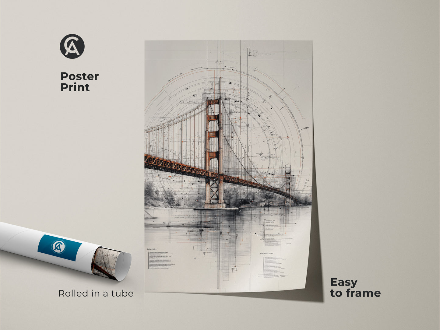 Poster print of the Golden Gate Bridge blueprint art. This architectural technical drawing wall art comes rolled in a tube and is easy to frame. A San Francisco cityscape print perfect for sophisticated travel decor. The ideal housewarming gift for travelers.