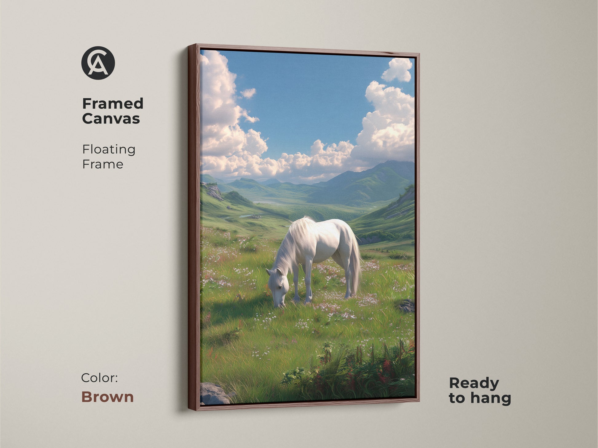 Framed canvas artwork featuring a white horse in a green meadow with a brown floating frame. The warm brown frame complements the artwork. This horse landscape art is ready to hang and adds a touch of elegance to your home decor.