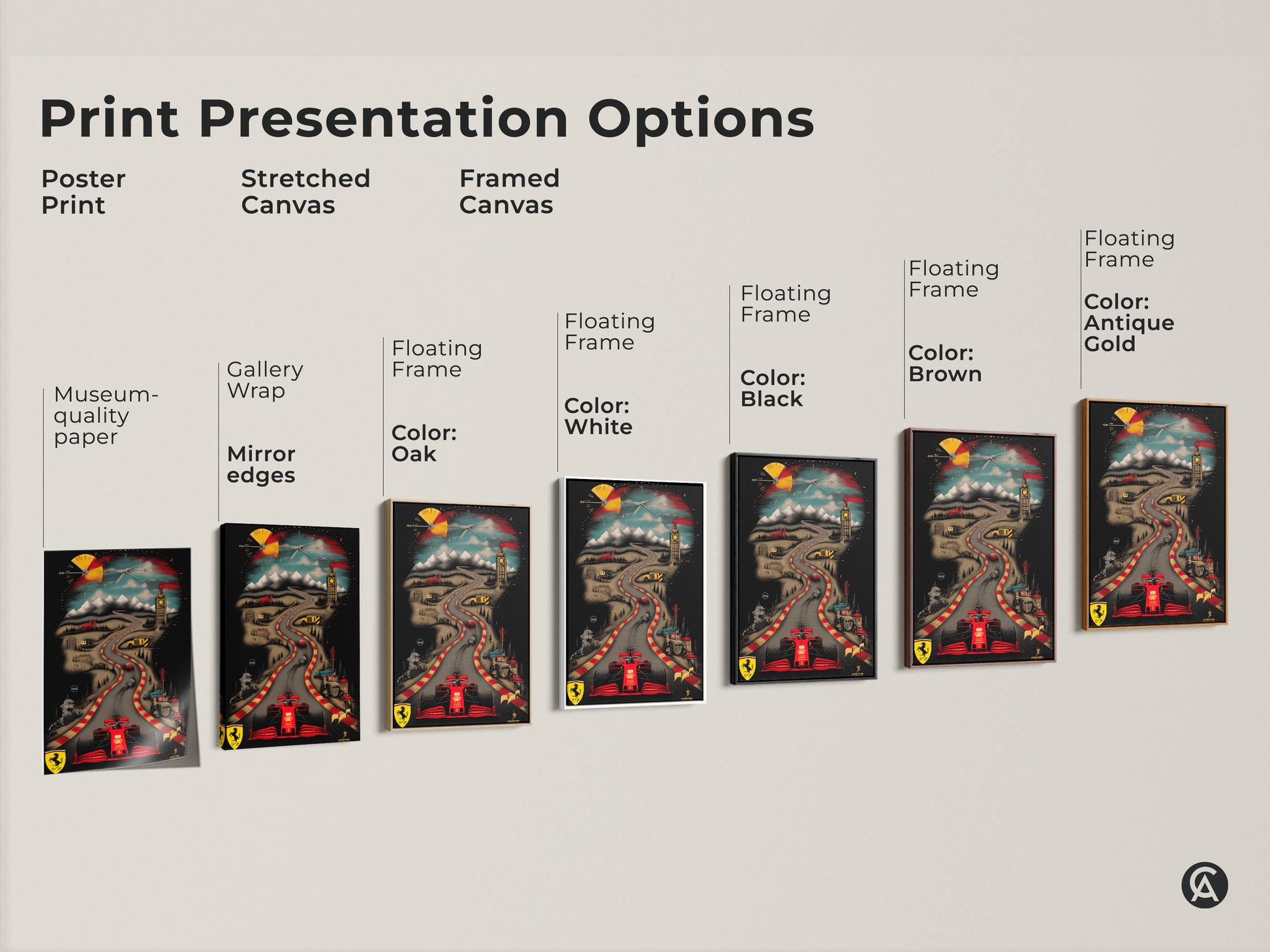 Explore the options for the Ferrari race car canvas print. Choose from poster prints to stretched canvas. Several frame colors are available. Find the perfect artwork for your space now