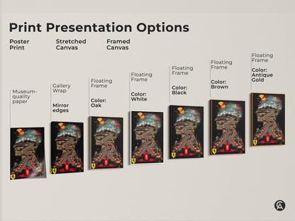 Explore the options for the Ferrari race car canvas print. Choose from poster prints to stretched canvas. Several frame colors are available. Find the perfect artwork for your space now