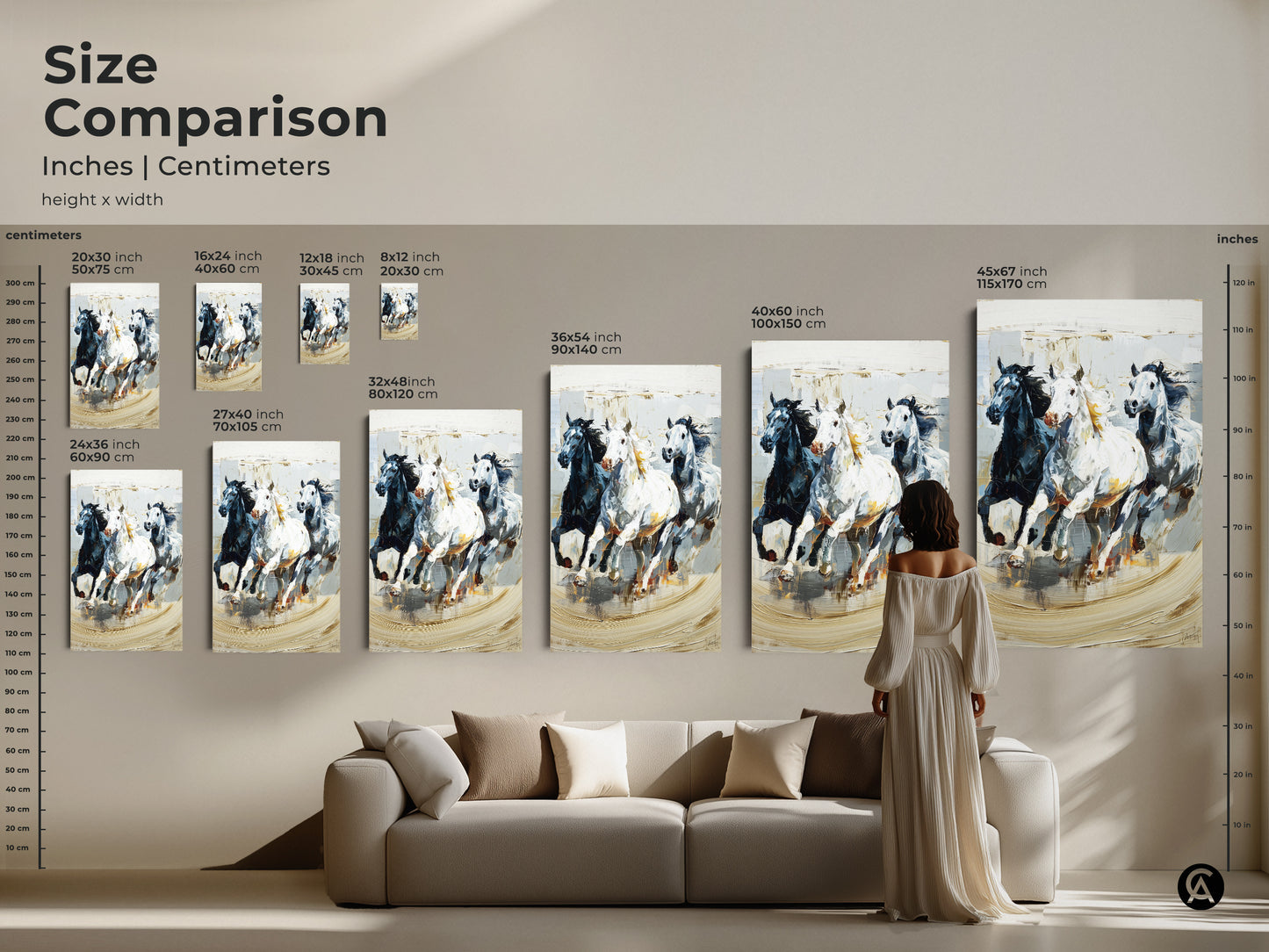 Size comparison of galloping horses artwork in inches and centimeters. The canvas and poster prints are available in various sizes to fit any space. Black white and gray impressionistic animal nature artwork. See how this dynamic equine art looks in a living room setting. Perfect for eclectic home decor.
