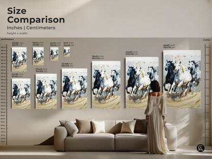 Size comparison of galloping horses artwork in inches and centimeters. The canvas and poster prints are available in various sizes to fit any space. Black white and gray impressionistic animal nature artwork. See how this dynamic equine art looks in a living room setting. Perfect for eclectic home decor.
