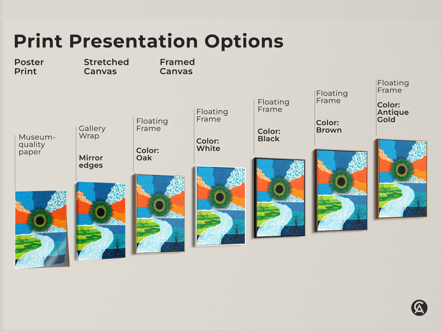 Print presentation options for abstract green eye artwork. Choose from poster prints stretched canvas and framed canvas. Different frame colors such as black brown oak white and antique gold are available.