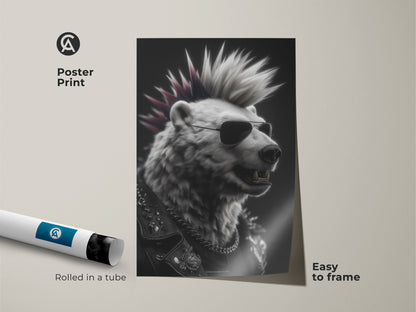 A rolled poster print displays punk rock bear art. The artwork features a bear with a mohawk and sunglasses. This print is easy to frame for versatile display options. It embodies rebellious art style perfect for edgy decor. The black white and red add a bold statement. This poster is ideal for alternative music fans.