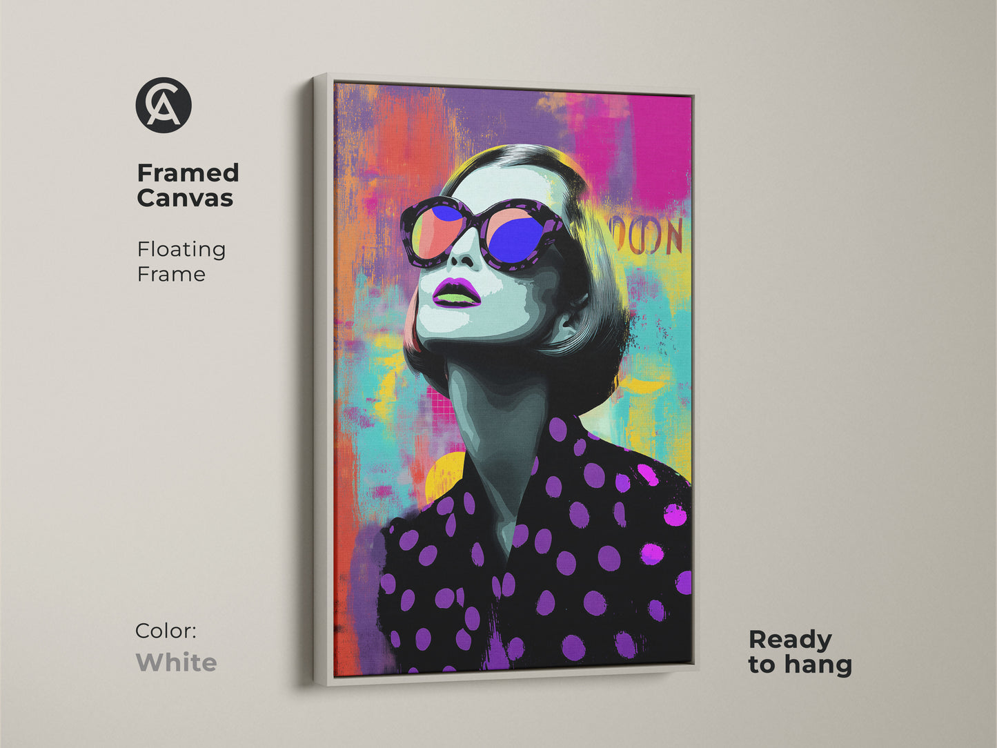 Framed canvas of a Pop Art woman with a white floating frame. This trendy home decor art is ready to hang. The colorful abstract canvas features purple pink and teal tones.