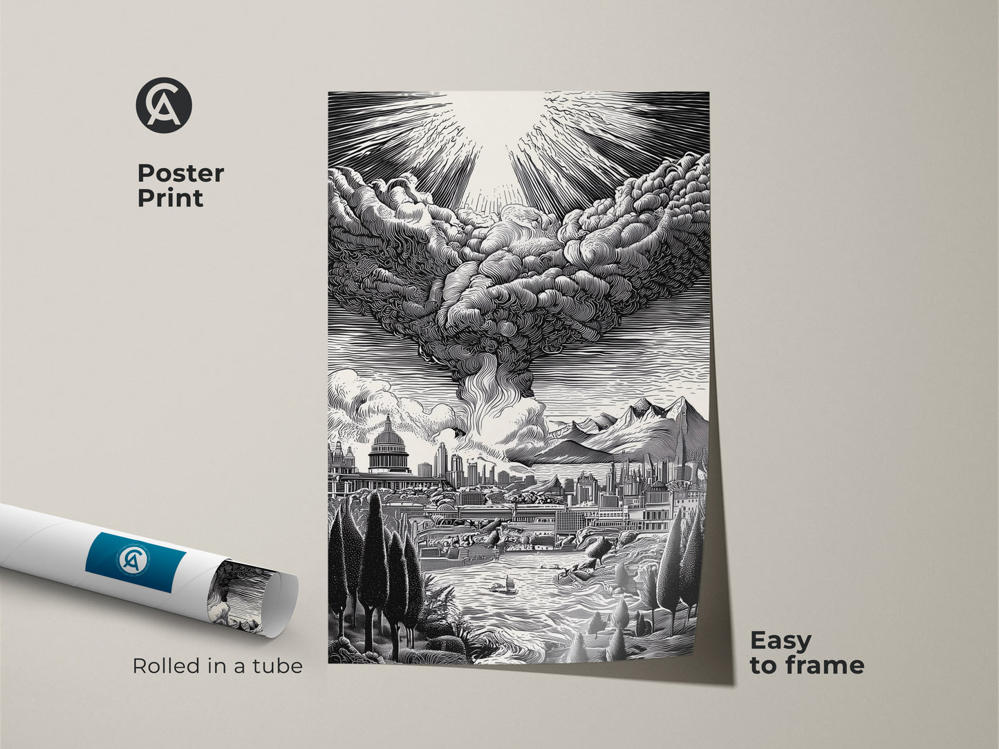 Poster print featuring a detailed cityscape and sky. This easy-to-frame artwork arrives rolled in a tube. The monochrome artwork is perfect for modern decor. This museum-quality paper enhances the visual impact. Add artistic touch to your walls. Shop poster prints today.
