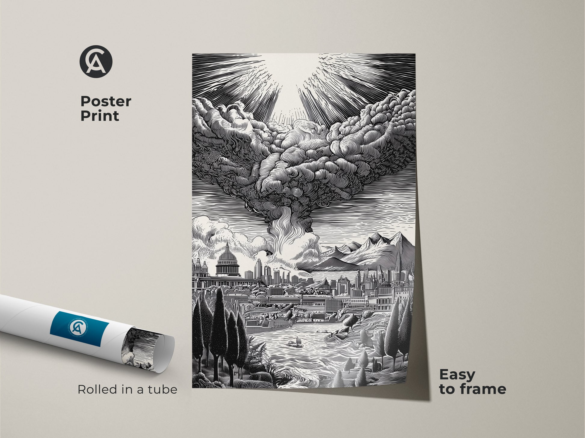 Poster print featuring a detailed cityscape and sky. This easy-to-frame artwork arrives rolled in a tube. The monochrome artwork is perfect for modern decor. This museum-quality paper enhances the visual impact. Add artistic touch to your walls. Shop poster prints today.