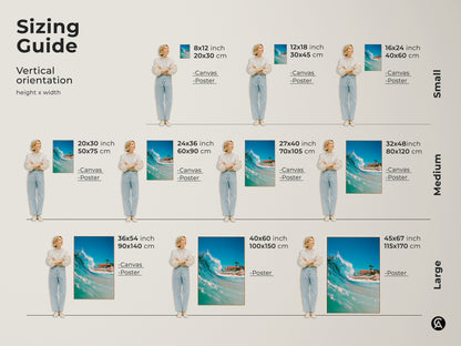 Sizing guide for vertical ocean wave art prints. Available in small medium and large sizes. Options include canvas and poster prints. Find the perfect fit for your space with our versatile sizing options. Transform your walls today