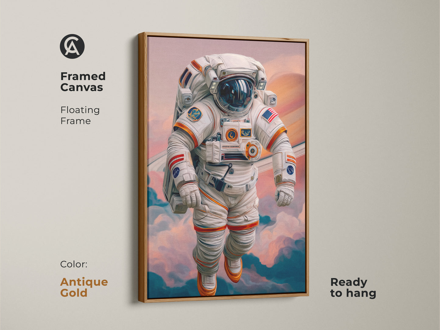 Elevate your decor with astronaut canvas artwork framed in antique gold. It shows an astronaut floating through space near Saturn rings. The modern digital painting mixes sci-fi with a contemporary aesthetic. The art comes ready to hang. Its perfect for space themed decor.