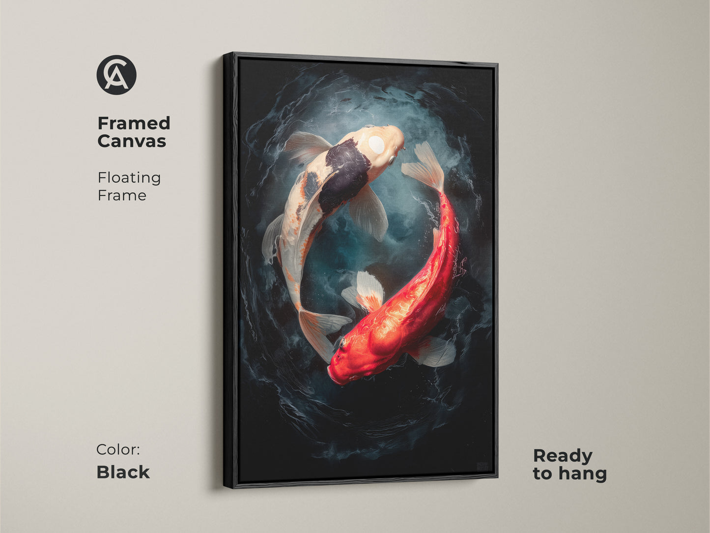 A black framed canvas featuring two koi fish in a yin and yang position. The floating frame adds elegance. This framed artwork is ready to hang. A perfect addition to any art collection.