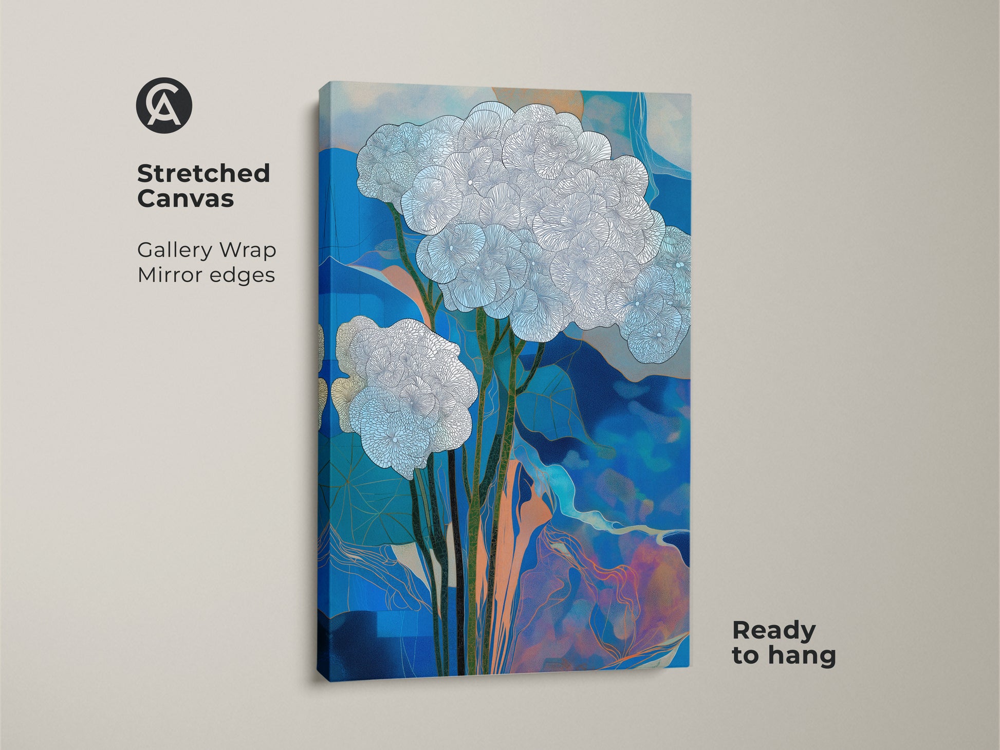 Stretched canvas featuring abstract botanical wall art print. Blue white floral canvas art is ready to hang. This contemporary nature artwork with gallery wrap and mirror edges enhances any room. Ideal line art botanical decor for modern homes.