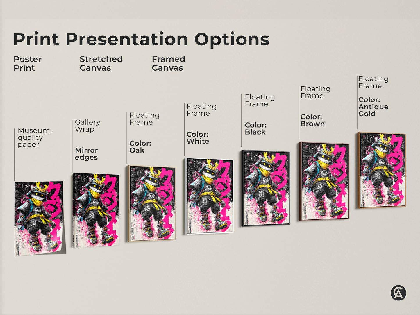 Print presentation options for Samurai Cat artwork. Choose from poster prints stretched canvas or framed canvas. Frame colors include black brown antique gold oak and white. Each piece features a cat dressed as a samurai warrior. Find the perfect piece for your style.