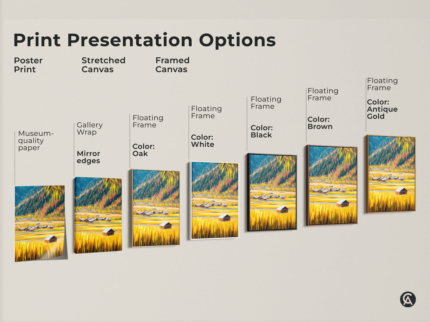 Print presentation options for a rustic barn landscape canvas. Choose from poster prints to stretched and framed canvases. Floating frame options are available in black brown oak white and antique gold. Find the perfect style for your farmhouse wall art with gallery wrap and museum-quality edges.