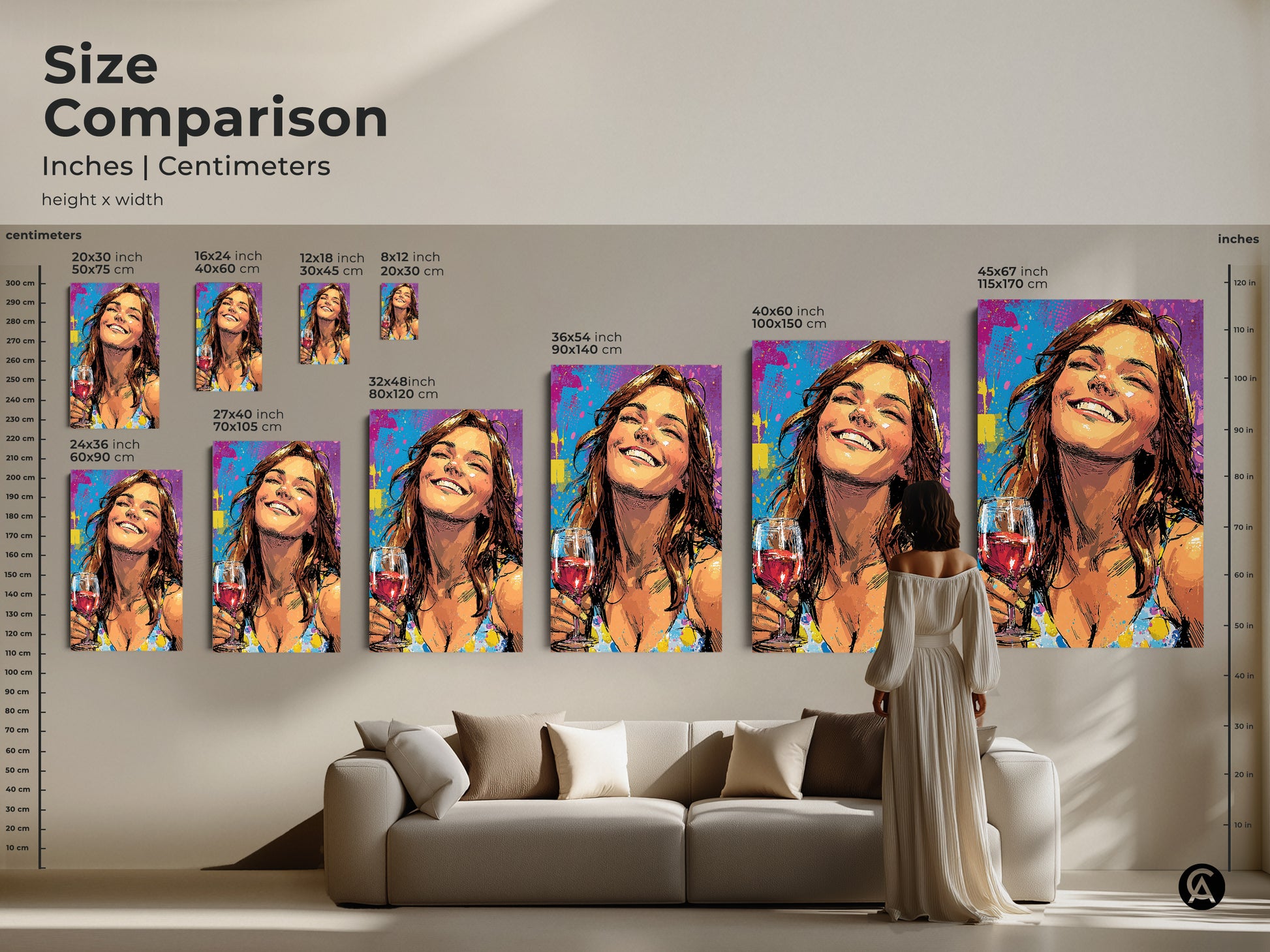 Size comparison of the woman with wine glass art print. See how different sizes fit above a couch. The pop art artwork is available in various dimensions. The canvas and poster options enhance colorful home decor. It is perfect for adding artistic expression and a fun vibe.
