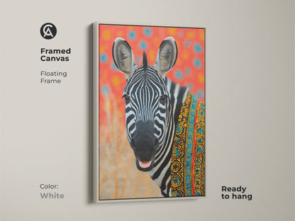 Framed canvas featuring tribal zebra art. White floating frame enhances modern folk animal art. This boho animal print displays African patterns. Ready to hang and enjoy. Perfect eclectic animal art for any space. A colorful zebra painting.