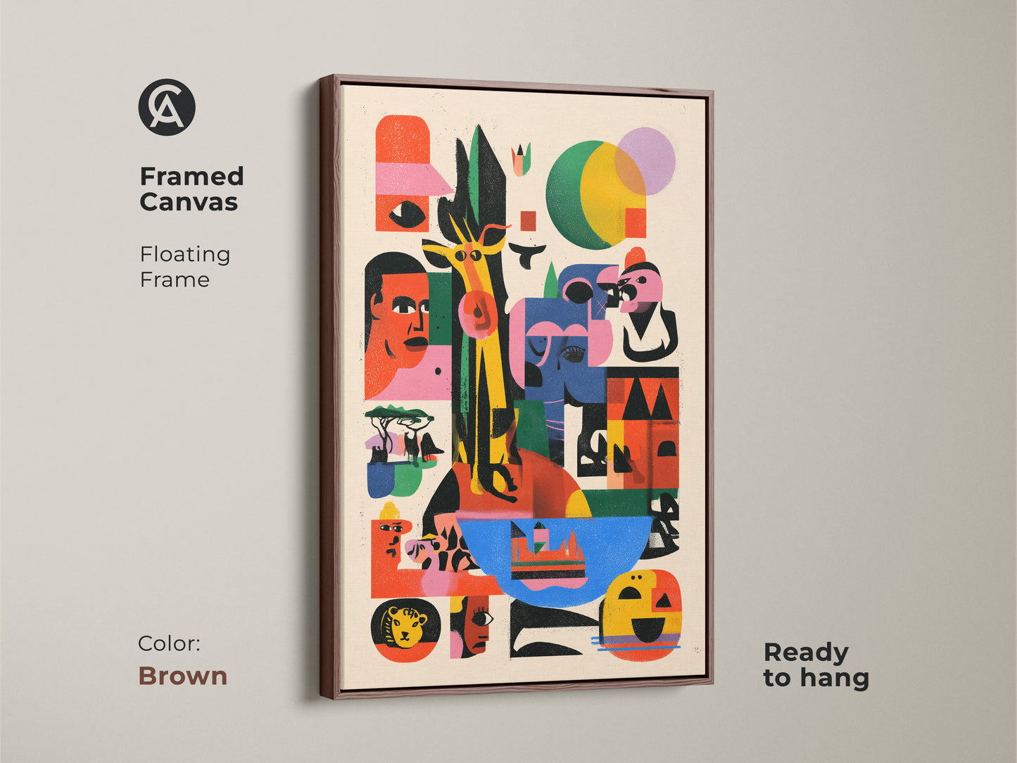 View this framed canvas featuring eclectic wildlife. This modern folk art print has a brown floating frame. The abstract giraffe and lion are rendered in vibrant colors. A unique abstract painting to elevate your space. Ready to hang artwork.