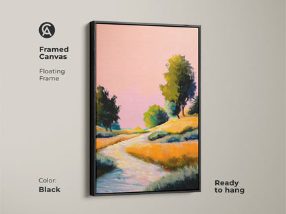 Black framed canvas featuring an impressionistic landscape artwork. The boho river trees canvas print is ready to hang. Ideal living room landscape art for those who love scenic river paintings.