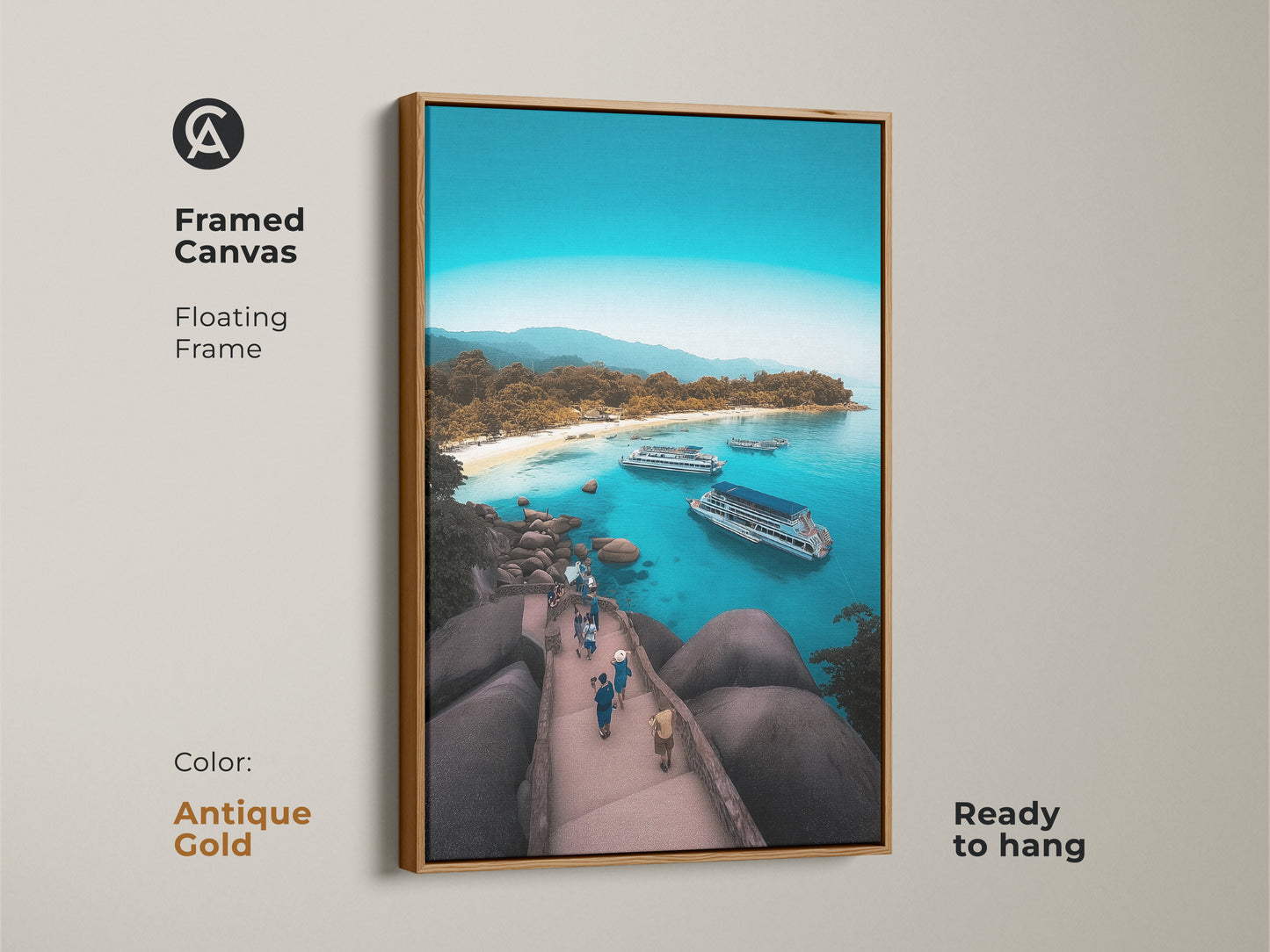 Framed canvas presenting an aerial island beach. Antique gold floating frame highlights the turquoise ocean view art. Ready to hang coastal landscape wall art. The boat filled bay print embodies a tropical island getaway. The blue water seascape adds a touch of paradise. A perfect housewarming gift.